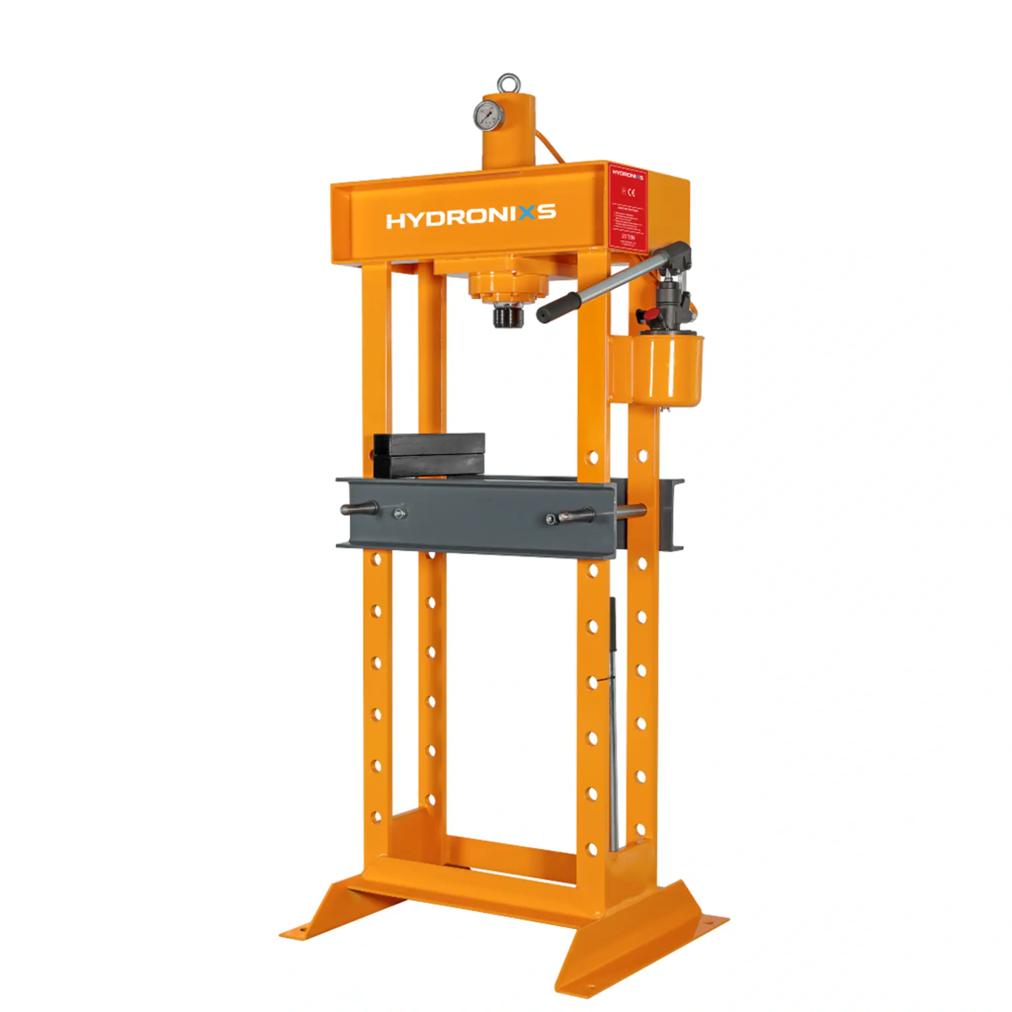 Handbediende hydraulische werkplaatspers HD20 van HYDRONIXS met stalen frame en verstelbaar persbed