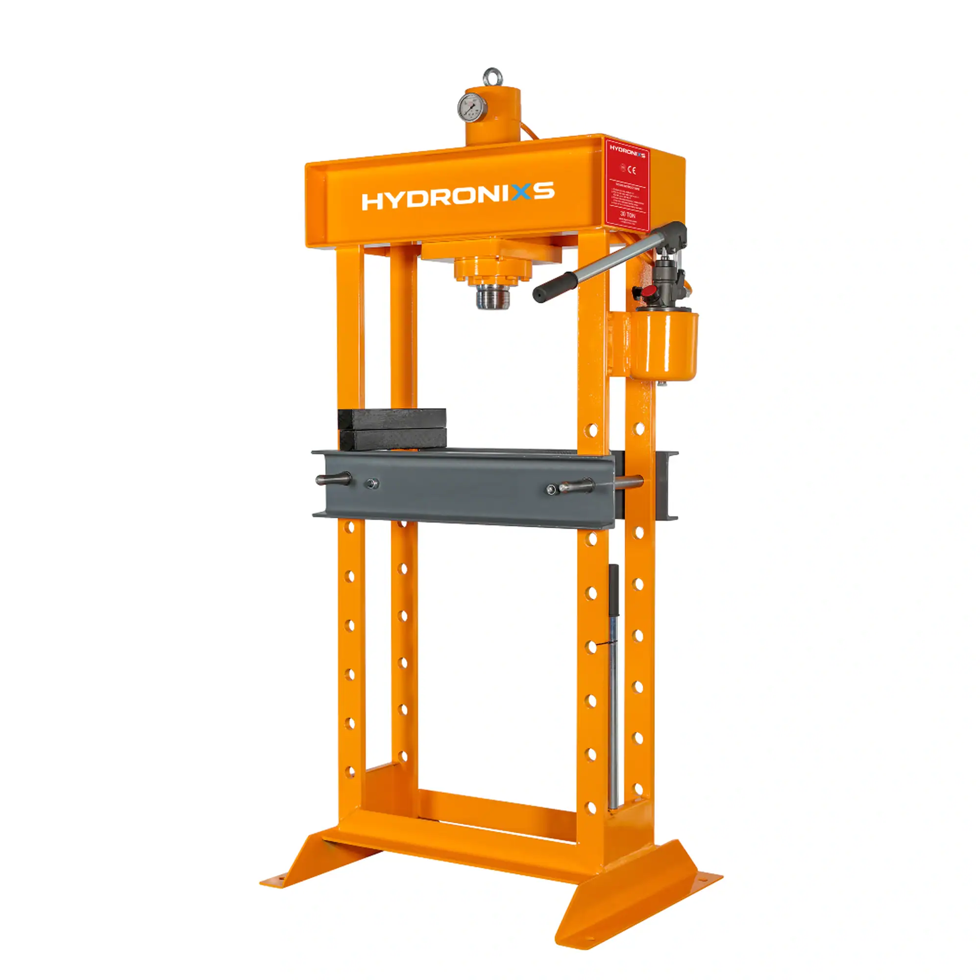 Handbediende hydraulische werkplaatspers HD30 van HYDRONIXS met robuust frame en verstelbaar persbed